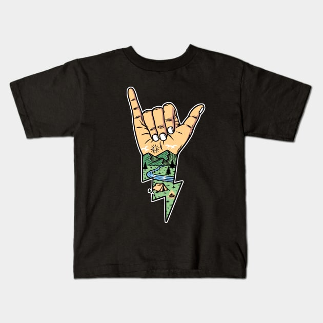 mountain view with shaka hands Kids T-Shirt by gunaone design